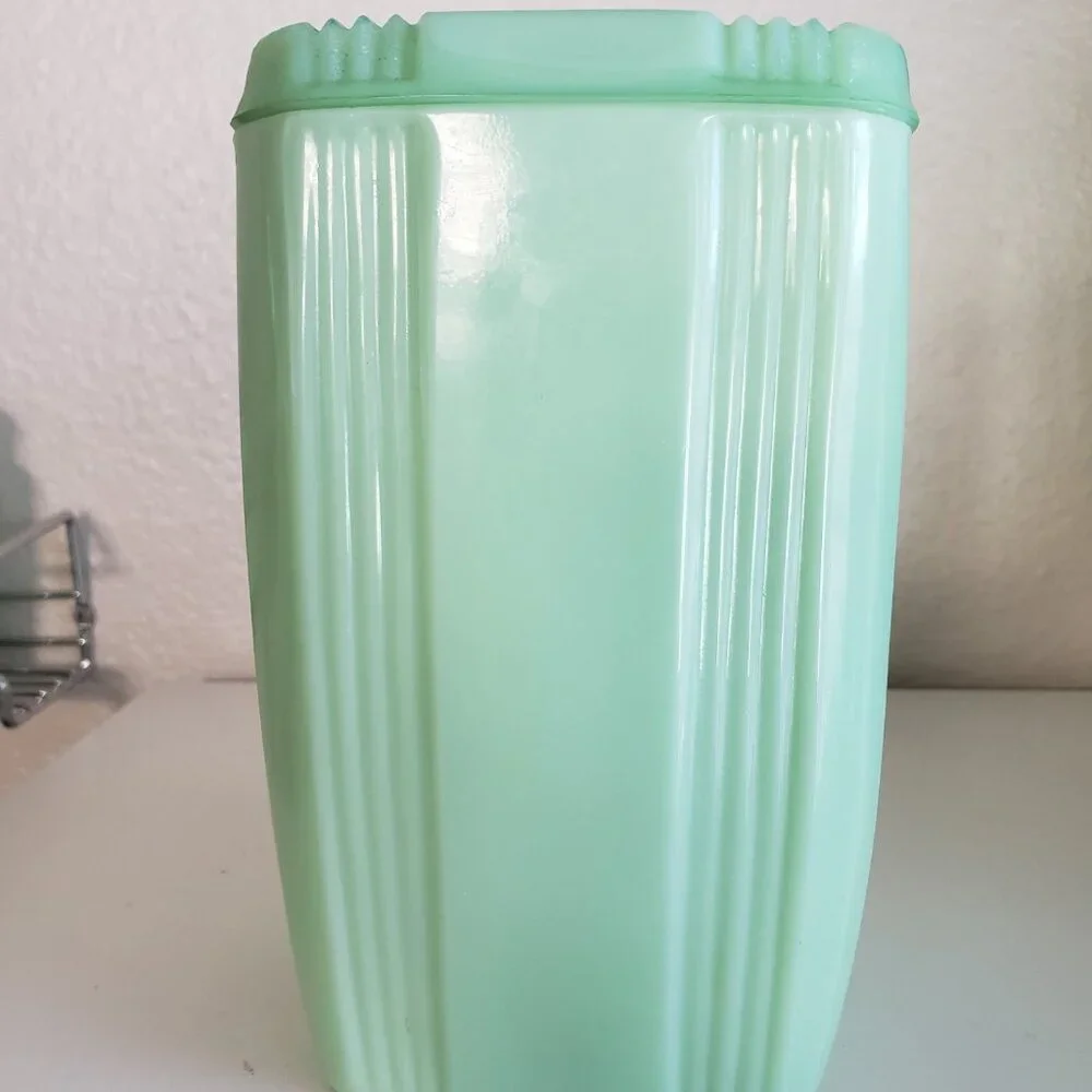 Vintage Fantasy Jadeite Green Canister With Lid 7” Cottage Core Grandma Core